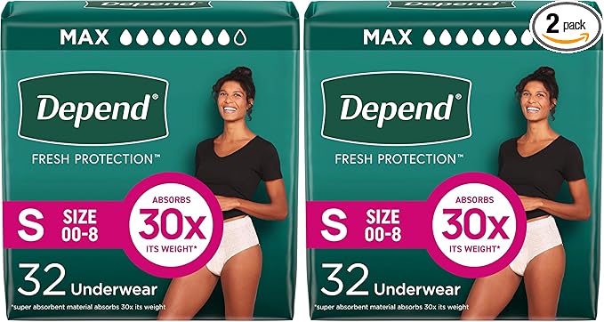 Depend Fresh Protection Adult Incontinence Underwear for Women (Formerly Depend Fit-Flex), Disposable, Maximum, Small, Blush, 32 Count, Packaging May Vary (Pack of 2)