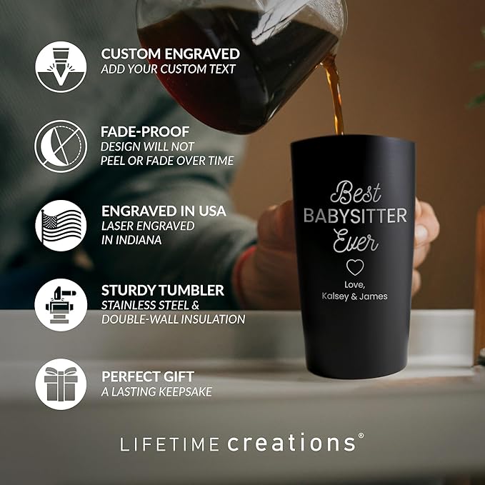 Lifetime Creations Engraved Personalized Best Nanny Ever Stainless Steel Tumbler with Lid 20 oz (Black) - Babysitter, Daycare, Au Pair Coffee Travel Mug Gift