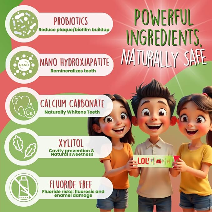 LOL Kids Toothpaste | Fluoride Free 2-Flavors Pack | Nano Hydroxyapatite Toothpaste, Probiotics, Vitamins A, C, E | Safe if Swallowed, No SLS | 1 Cinnamon, 1 Watermelon
