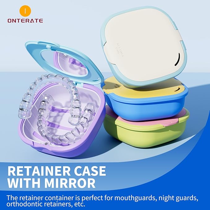 Magnetic Retainer Box with Mirror, Compact Denture Case with Vent Holes & Retainer Remover Tool & Chewies & Brush, Protable Aligner Cleaner Case for Night Mouth Guards, Braces (Blue Purple)