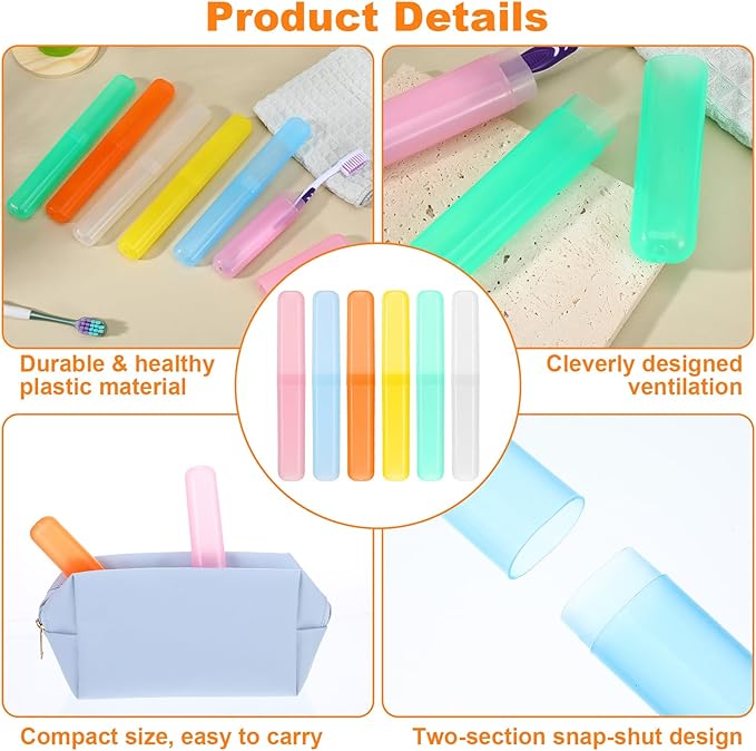 60 PCS Travel Toothbrush Holders, Bulk Plastic Toothbrush Case Cover with Ventilation Holes, Portable Dust-Proof Toothbrushes Storage for Travel, Home, Camping - 6 Assorted Colors