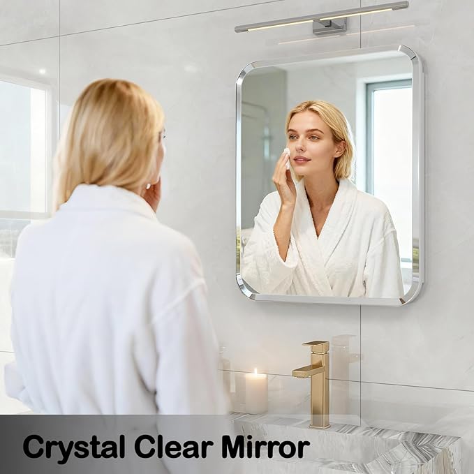 Rectangle Medicine Cabinet with Beveled Edge Mirror, No-Assembly Bathroom Wall Cabinet with Mirror, Adjustable Shelves, Tissue Slot, Recessed or Surface Mount (26" H x 20" W)