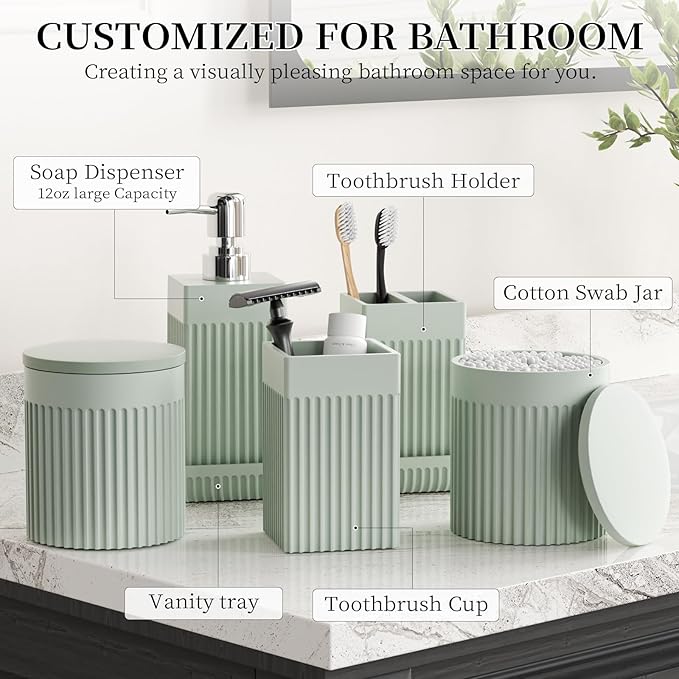 Bathroom Accessories Set, 6-Piece Resin Green Bathroom Set with Toothbrush Holders, Soap Dispenser, Vanity Tray, Tumbler, Cotton Swab Jars, Modern Bathroom Organizer for Small Spaces