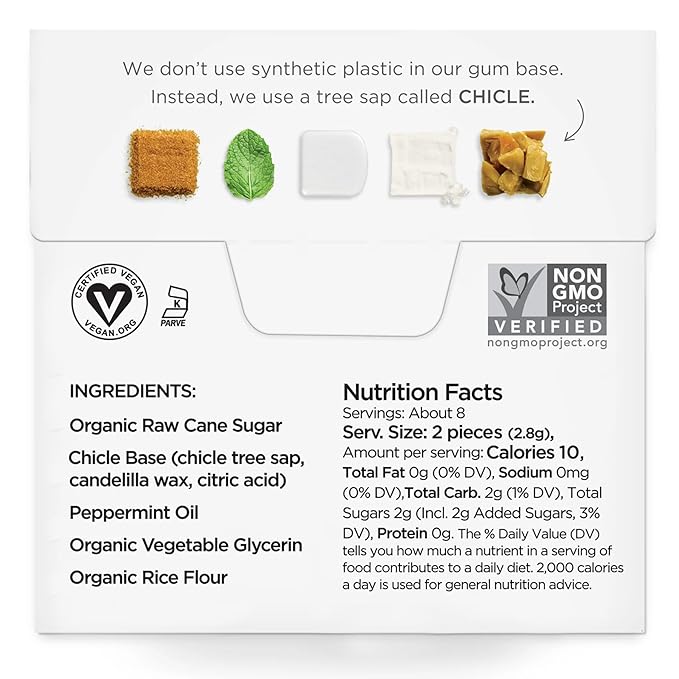 SIMPLY Gum Peppermint, Plastic-Free Natural Chewing Gum, 12 Pack (180 Pieces) | Vegan, Kosher, Non GMO, Aspartame Free and Sorbitol Free