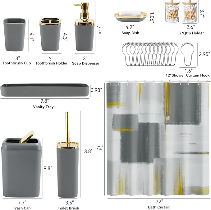Grey Bathroom Accessories Set, Bathroom Sets with Shower Curtain, Grey Bathroom Accessories with Trash Can, Soap Dispenser, Soap Dish, Toilet Brush Holder, Qtip Holders for Bathroom