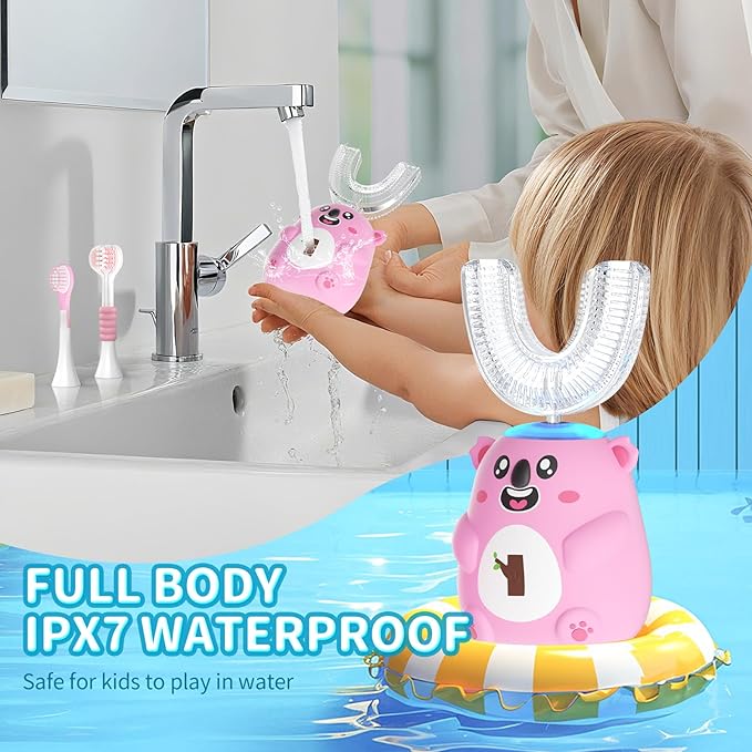 Kids U Shaped Electric Toothbrush, Automatic 360° Sonic Cleaning, 6 Modes, 4 Brush Heads, Cute Cartoon Koala Design (6-12 Age (Pink))