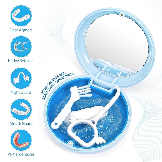 Retainer Case with Mirror,Slim Aligner Case with Vent Holes,Cute Dental Brace Box with Retainer Removal Tool and Brush (Blue Blue)