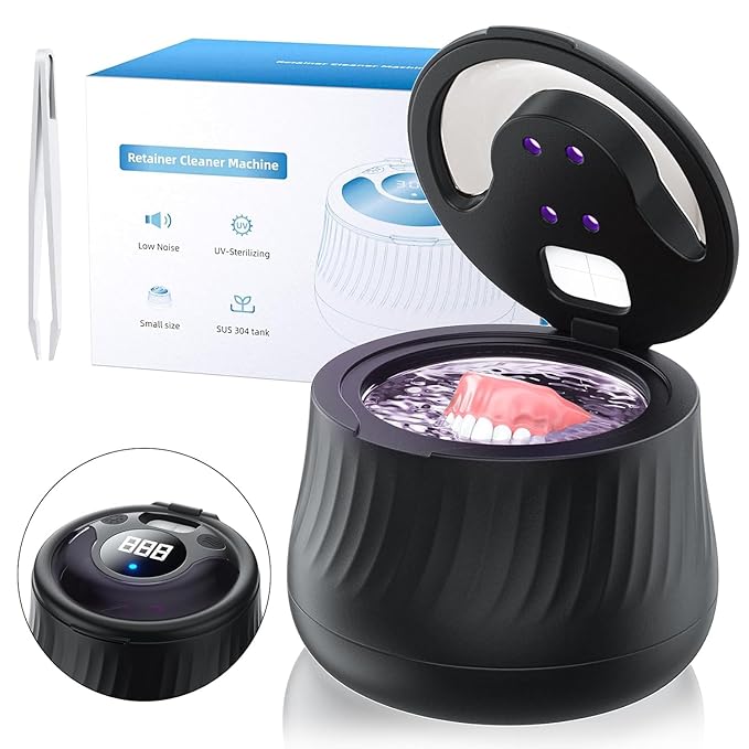 Ultrasonic Retainer Cleaner Machine- 45kHz Denture Cleaner, 200ML Dental Cleaning Pod for Aligners, Mouth Night Guards, Toothbrush Heads & Jewelry, 4 Cleaning Modes, Digital Timer, Black