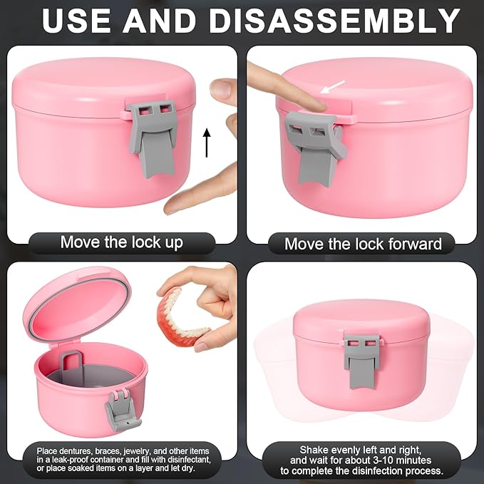Denture Cleaning Case, Leak Proof Denture Cup for Travel, False Teeth Container for Soaking Dentures & Retainer, Retainer Cleaner Case, Pink + Silver Gray.