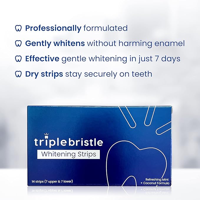 Triple Bristle Teeth Whitening Strips for Adults | Sensitive Teeth Friendly | 14 Teeth Strips Per Box | Whitening Strips Without Sensitivity | Mint + Coconut