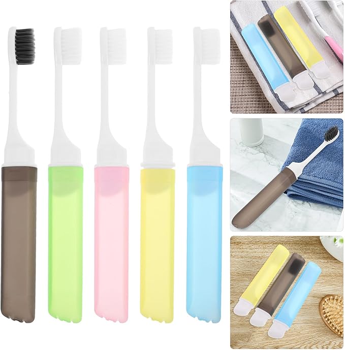 IWOWHERO Folding Toothbrush Travel Set 5pcs Compact Manual Foldable Toothbrush Kit with Soft Bristles Portable for Business Trips and Hotel Use