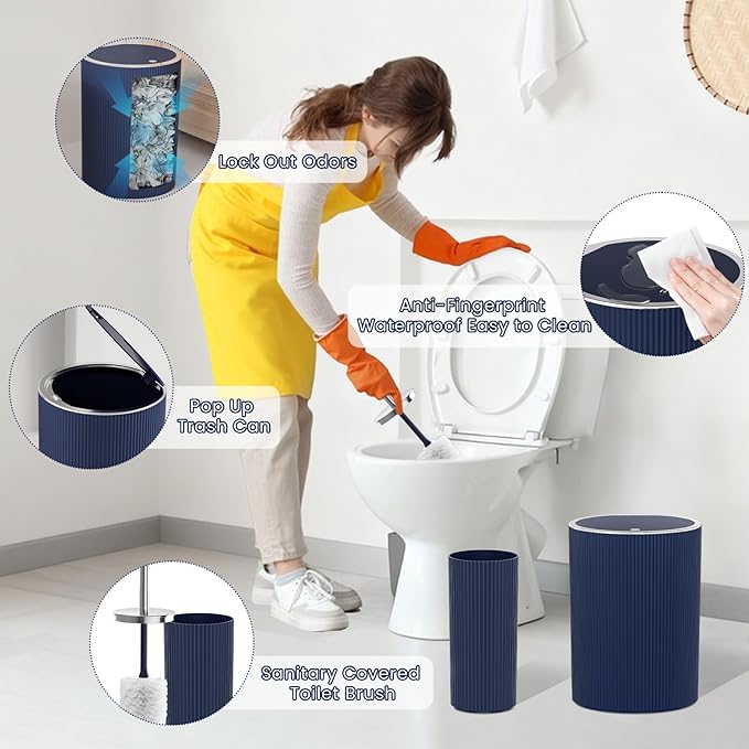Navy Blue Bathroom Accessories Set, 10PC Bathroom Set, Bath Accessory with Pop Up Trash Can, Soap Dispenser, Toilet Brush, Toothbrush Set Qtip Holders & Tray