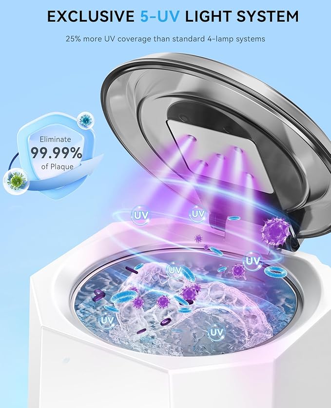 SUNPOW Dental Ultrasonic Retainer Cleaner Machine - 48kHz Retainer Cleaner with 5 UV Lights for Night Guards, Mouth Guards, Dentures- 220ML Dental Cleaning Pod Upgrade Design