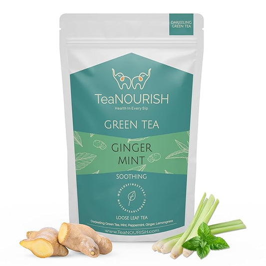 TeaNOURISH Ginger Mint Green | Relaxing & Calming | Premium Darjeeling Loose Leaf | Immune Support Tea for Daily Wellness | 50 Cups Hot Tea or Iced - 3.53oz/100g