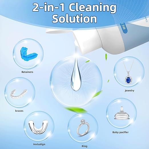 BCOM Ultrasonic Retainer Cleaner Solution, Jewelry Cleaner Solution Deep Clean for Retainer, Mouthguards, Night Guards, Aligners and Jewelry Ring, Odor Stain Remover for Cleaner 8.5 oz,2 Pack