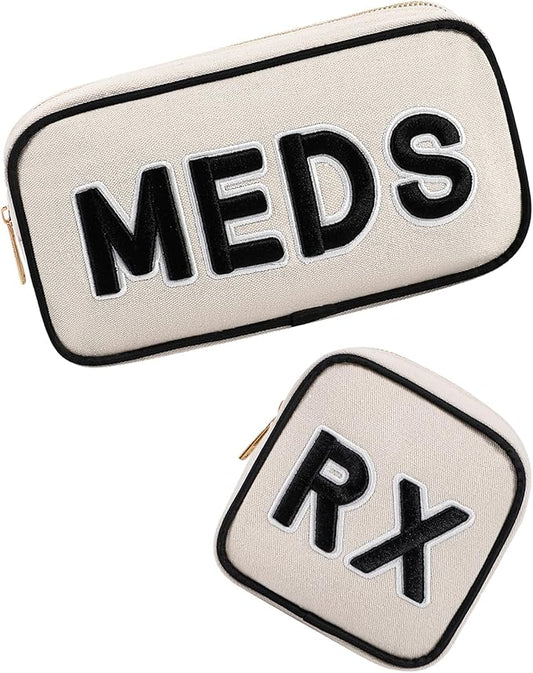 2Pcs Small Canvas Rx MEDS Medicine Packages, Cute Chenille Letter Patch Drug Makeup Bag with Metal Zipper, Mini Travel First Aid Purse Organizer Machine Washable (05RX and MEDS)