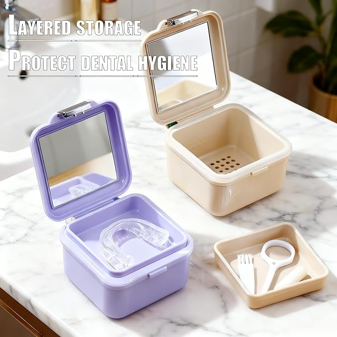 Denture Bath Case, Denture Soaking Container Denture Cup Soaking Holder Mouth Guard Denture Box Denture Baths Cleaning with Lid Waterproof （Purple）
