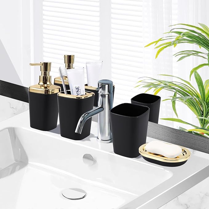 Black and Gold Bathroom Accessories Set, Bathroom Sets with Shower Curtain, Black Bathroom Accessories with Trash Can, Soap Dispenser, Soap Dish, Toilet Brush Holder, Qtip Holders for Bathroom