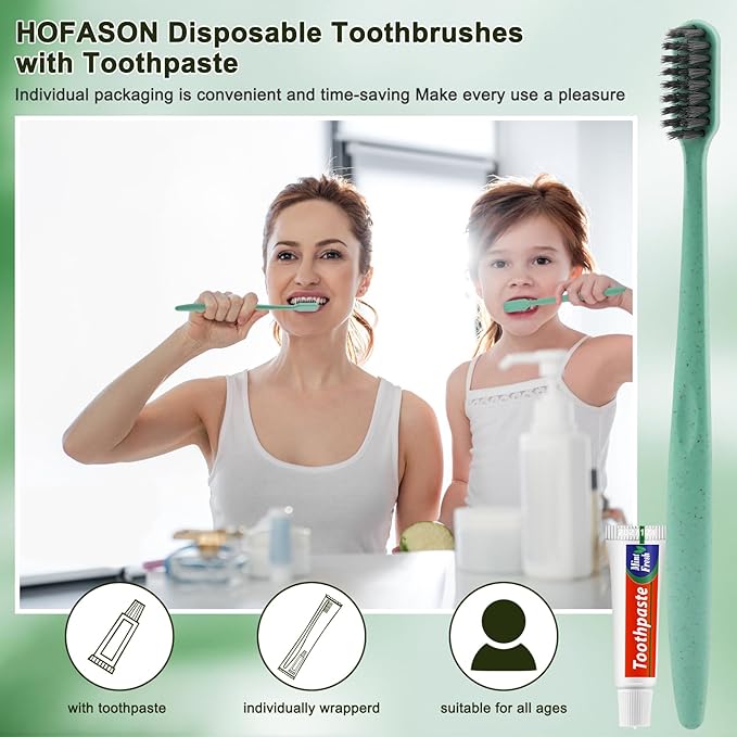 HOFASON Disposable Toothbrushes with Toothpaste 30 Pack, Travel Toothbrush Toothpaste Set Bulk, Individually Wrapped Travel Size Tooth Brush Paste for Homeless, Hangover Kit Guest Bathroom Essentials