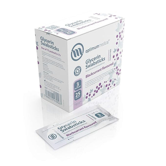 OPTIMUM MEDICAL Glycerin Swabsticks (x75) – Blackcurrant Flavour Pleasant Tasting Sugar Free Swab Sticks for Dry Mouth Relief (Blackcurrant)