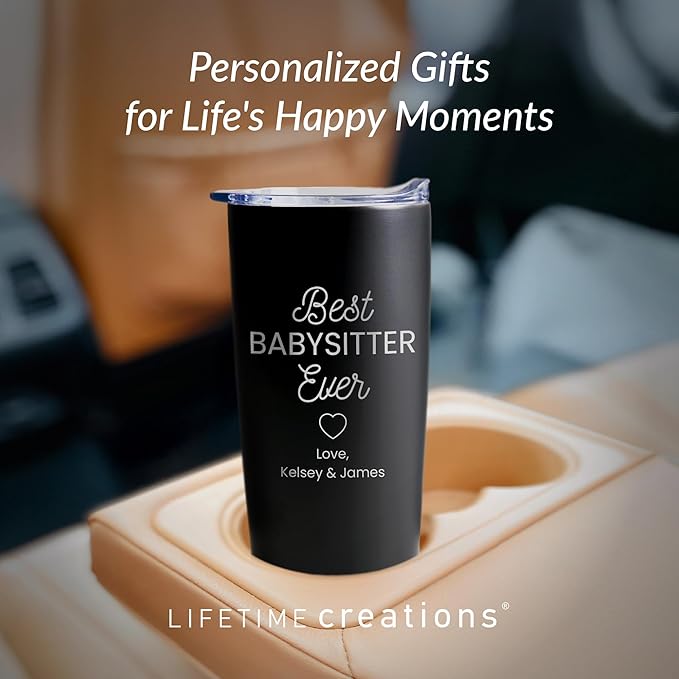 Lifetime Creations Engraved Personalized Best Nanny Ever Stainless Steel Tumbler with Lid 20 oz (Black) - Babysitter, Daycare, Au Pair Coffee Travel Mug Gift