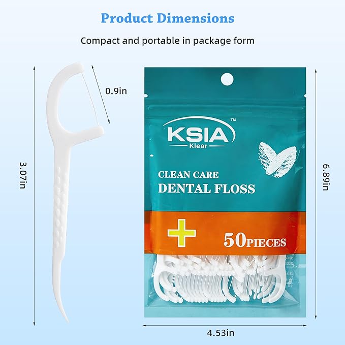 KSIA Klear Dental Floss Picks, 50 Count Tooth Picks Flossers, Dental Floss Cleaner, Dental Flossers for Family, Keep Teeth Clean, Remove Food and Plaque, with 1 Portable Sealed Pouch