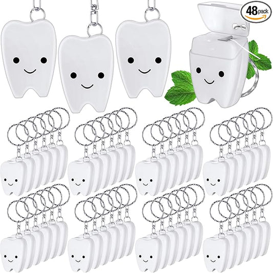Landical 48 Pcs Mini Dental Floss Keychain Bulk Tooth Shaped Portable Teeth Floss Cleaning for Homeless Party Favors Travel Donated Gifts Teeth Cleaning Oral Care Mint Flavor 15 M /16. 4 Yard