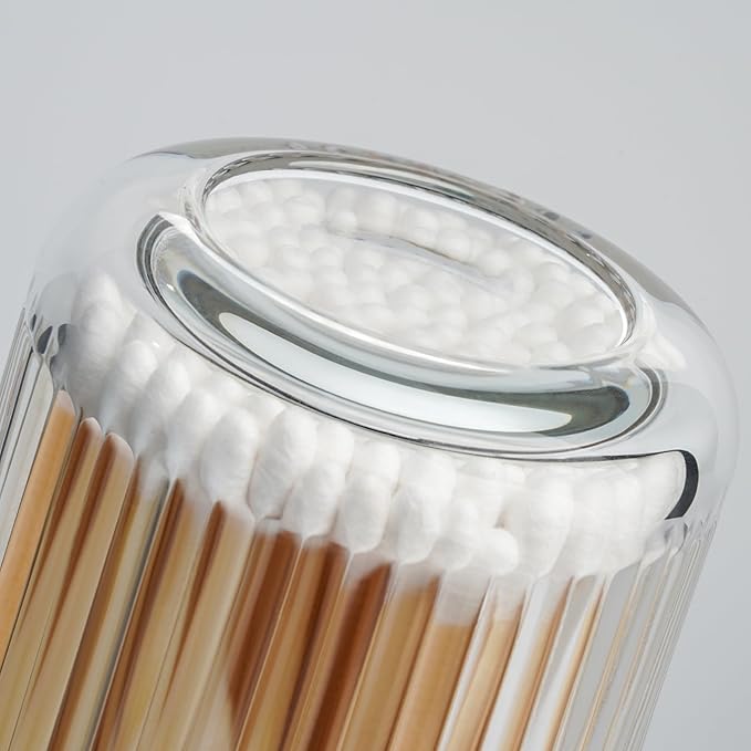 2 Pack Qtip Holder - Apothecary Jars with Lids, Bathroom Organizers and Storage Canister for Cotton Balls,Swabs,Floss Picks,Hair Ties,Clear Glass Vintage Bathroom Decor Jar Set (Clear)