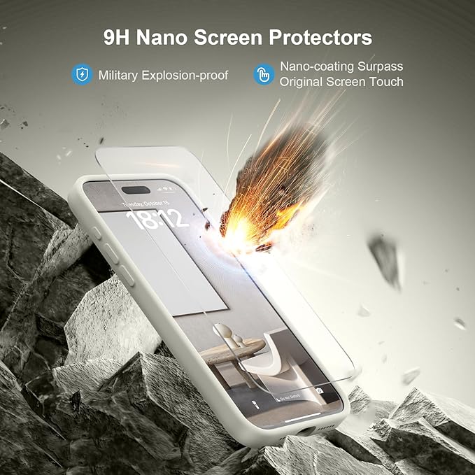 Magnetic for iPhone 15 Pro Case, Compatible with MagSafe, with 9H Nano Screen Protectors, Full Camera Protection, Silicone Shockproof Microfiber Lining Phone Case 6.1", Stone