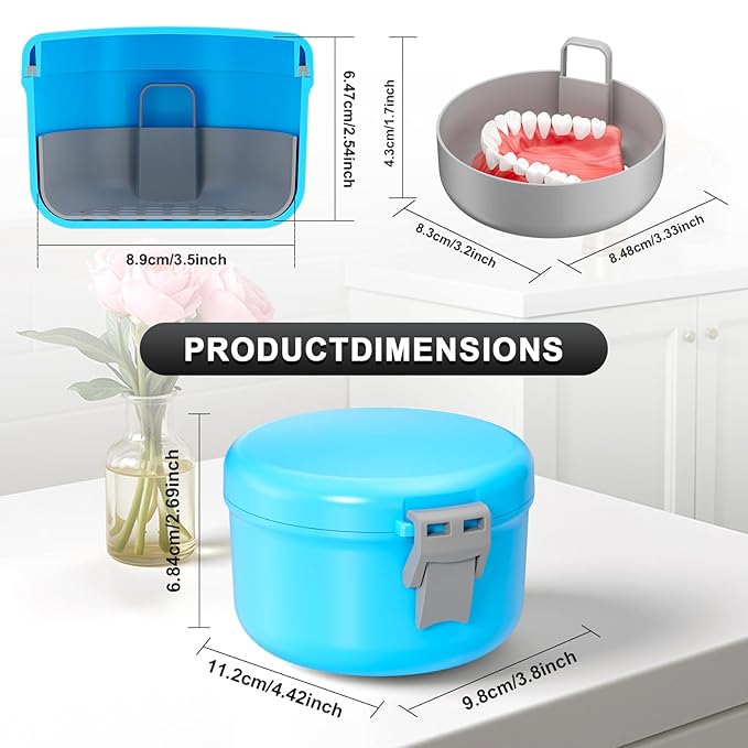 Denture Bath Case, Leak Proof Denture Cup for Travel, False Teeth Container for Soaking Dentures & Retainer, Retainer Cleaner Case, Sky Blue + Silver Gray.