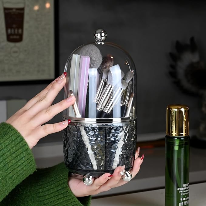 Makeup Brush Holder with Lid 360 Rotating Make up Brushes Storage for Vanity, Waterproof & Dustproof (Greyish-Green)