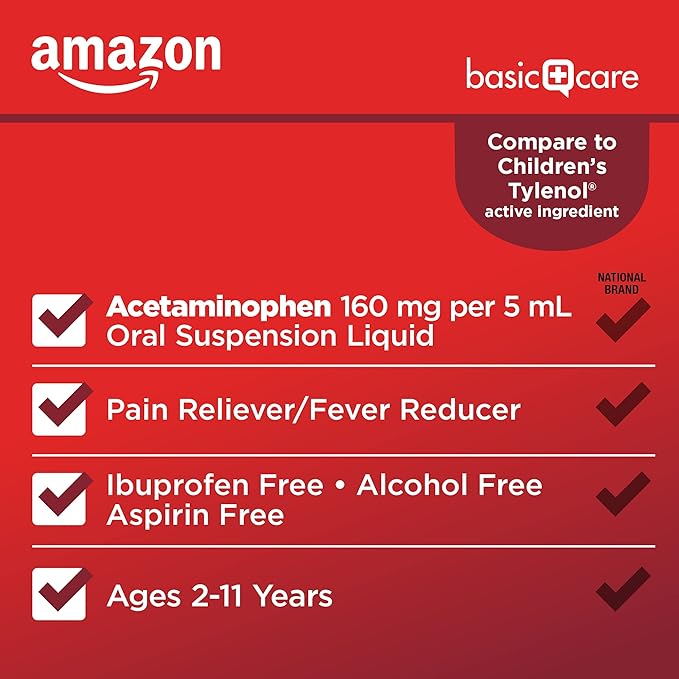 Amazon Basic Care Children's Pain Reliever Oral Suspension Liquid, Bubblegum Flavor, Acetaminophen 160 mg per 5 ml, Effective, Fever Reducer for Age 2-11 Years, Red, 4 fl oz (Pack of 1)