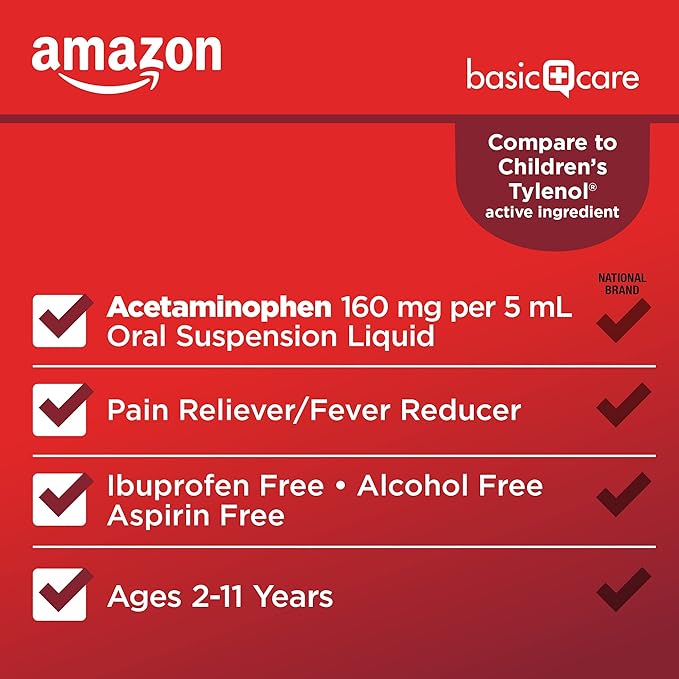 Amazon Basic Care Children's Pain and Fever Oral Suspension Liquid, Acetaminophen 160 mg per 5 mL, Bubblegum Flavor, 8 fl oz