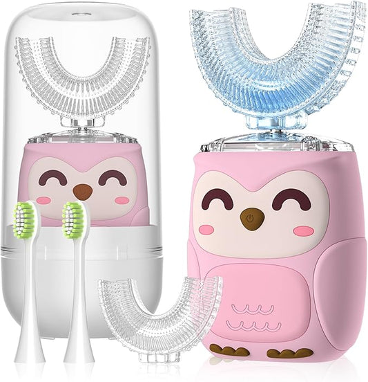 Kids Electric U Shaped Toothbrush Kids Sonic Toothbrush with 4 Soft Brush Head Automatic Full Mouth 6 Cleaning Mode-(Age2-7 Pink)