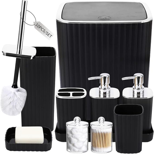 Bathroom Accessories Set - Gorgeous Bathroom Set, 10PC Black Bathroom Accessory Set, Toilet Brush, Trash Can, Qtip Holder Dispenser & Soap Dispenser