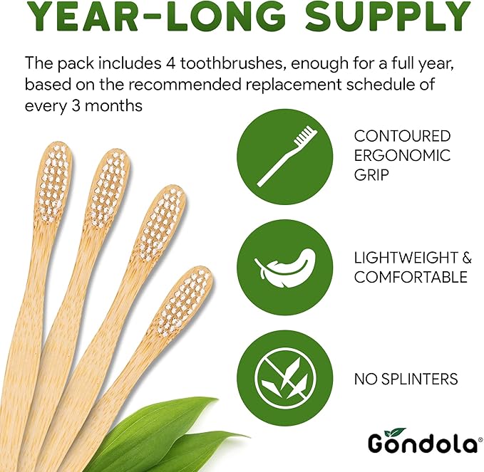 Gondola Organic Bamboo Toothbrushes (Adults - 4 Count (Pack of 1))