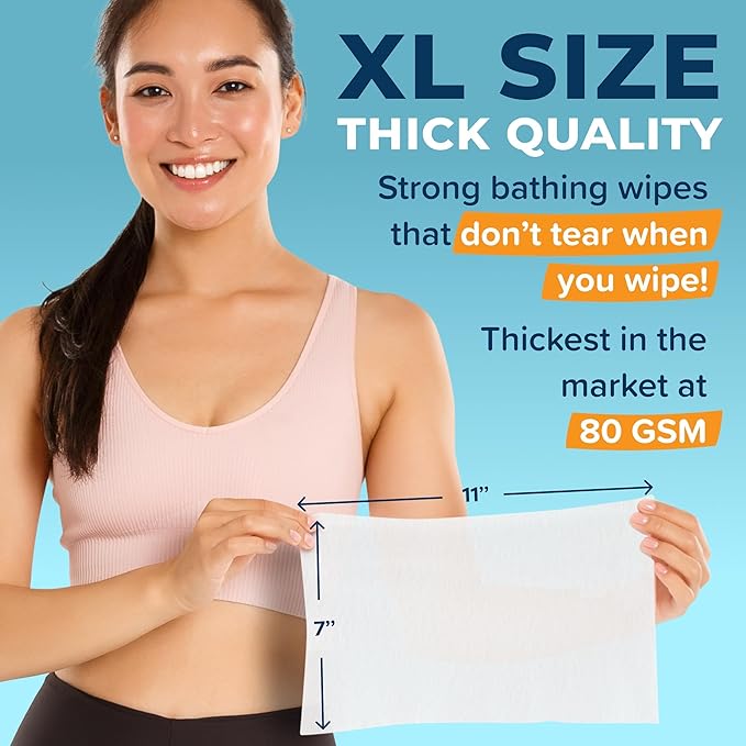 Body Wipes For Adults Bathing No Rinse 150pc XL - Ultra Thick Shower Travel Wipes For Personal Cleansing & Hygiene Essentials, Elderly Care, Incontinence Disposable Washcloths For Women Men