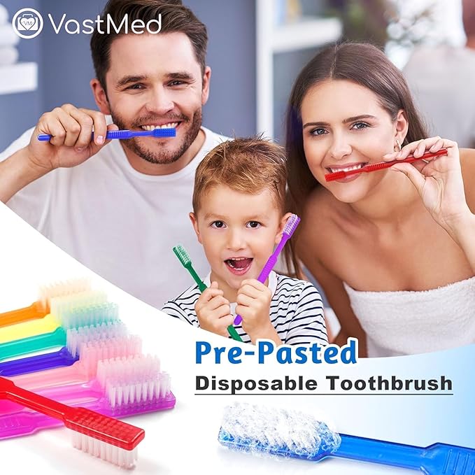 VASTMED 200 Pcs Disposable Pre-Pasted Toothbrushes Individually Wrapped Pre Pasted Toothbrush | Single Use Waterless Tooth Brush for Hotel, Camping, Homeless Gift | Multi Color