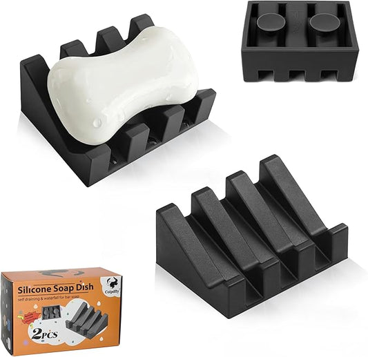 Self Draining Soap Dish,Silicone Suction Cup Soap Holder, Bathroom Soap Dish for Bar Soap,Can Extend Soap Life,Bathroom, Bath Tub, Kitchen Sink (2, Black)