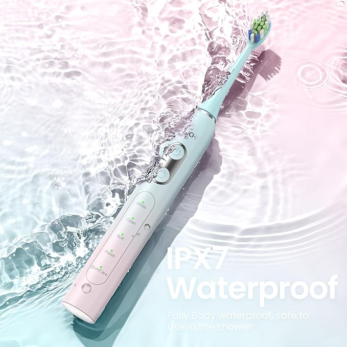 YUNCHI Sonic Electric Toothbrush for Adults & Teen, Rechargeable Battery Electric Toothbrush, 8 Brush Heads, 5 Modes, 44000 VPM Motor, 2 Min Smart Timer, IPX7 Waterproof, Travel Case, 90 Days-Gradient