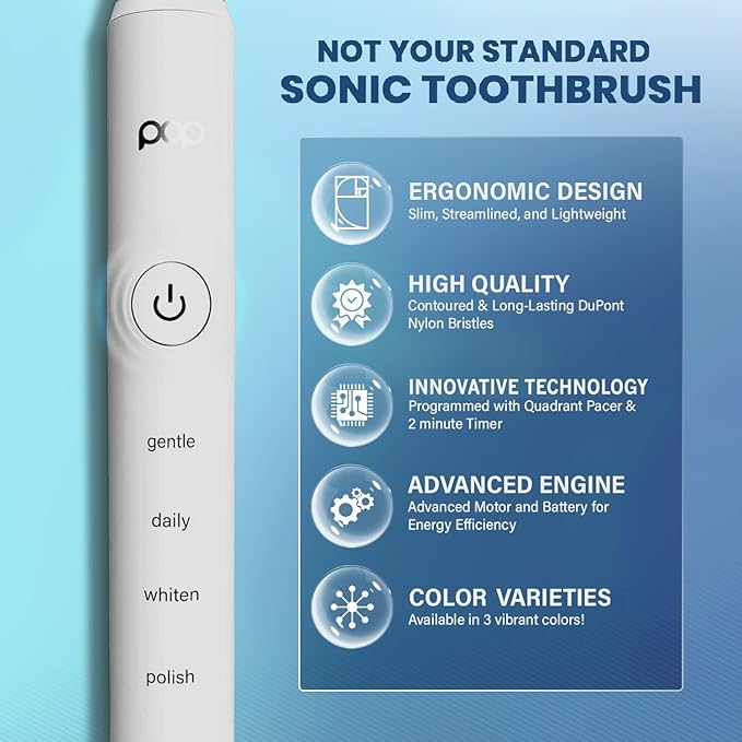 Pop Sonic Pro 2.0 Toothbrush (White) + Bonus Pack | Rechargeable Toothbrush Up to 45,000 Vibrations Per Minute