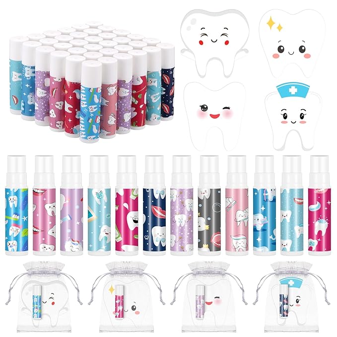 36 Set Dental Gift Teeth Lip Balm Tooth Shape Card Organza Bag Dentist Assistant Accessories Oral Dental Hygienist Stuff for Women Doctor Nurse Valentine's Day Birthday Party Favor