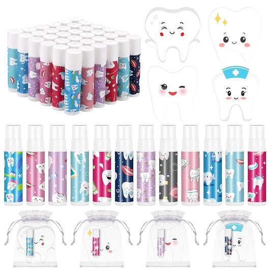 36 Set Dental Gift Teeth Lip Balm Tooth Shape Card Organza Bag Dentist Assistant Accessories Oral Dental Hygienist Stuff for Women Doctor Nurse Valentine's Day Birthday Party Favor