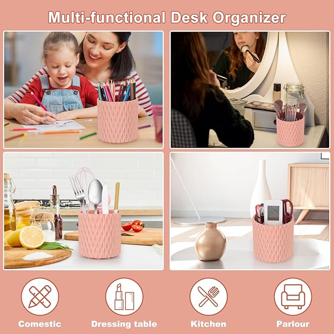 Makeup Brush Holder Organizer-360° Rotating Makeup Brush Storage,Pencil Pen Holder Cup,Desk Accessories,5 Slot Make up Brushes Cup, for Vanity Desktop Bathroom Countertop(Pink