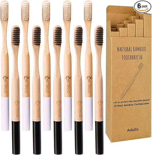 Bamboo Toothbrushes Medium Hard Bristles for Adults 10 Pack, Wooden Toothbrush Family Set Natural Organic Tooth Brush Black White