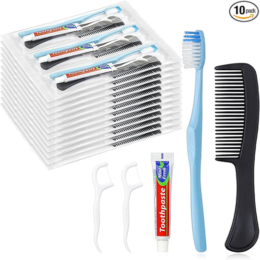 10 Sets Disposable Toothbrushes with Toothpaste Floss Comb Individually Wrapped, Disposable Toothbrush Bulk, 10g Toothpaste,Dental Floss,6in Comb Bulk Toothbrush Kit for Homeless,Airbnb,Hotel