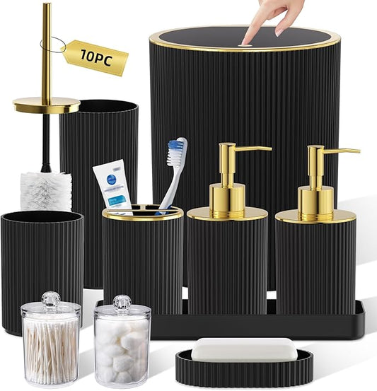 Black Gold Bathroom Accessories Set, 10PC Bathroom Set, Bath Accessory with Pop Up Trash Can, Soap Dispenser, Toilet Brush, Toothbrush Set Qtip Holders & Tray