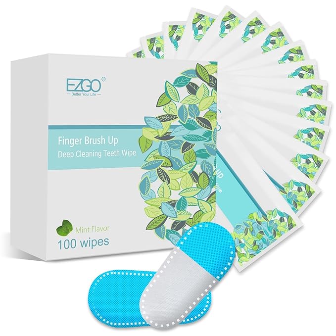 EZGO 100pcs Deep Cleaning Teeth Wipes Finger Brush Teeth Wipes Oral Brush Ups Latex Free Mint Flavor