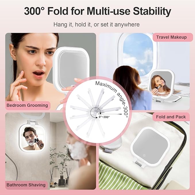 ION iontech Vanity Mirror with Lights,1x/10x Magnifying Glass,2500mAh Battery Double Sided Vanity Mirror,7in Makeup Mirror with 3 Color Light,Brightness Adjustment Memory,Folding Stand (Pink)