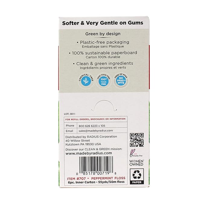 Radius Dental Floss, Sponge Floss, Peppermint, 55 Yards, Vegan & Non-Toxic Oral Care Designed to Help Fight Plaque, Pack of 3